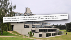 View of the University of East Anglia campus with overlaid quote from an unnamed professor about refusing to work with Israeli universities, illustrating CAF report on UEA’s investigation.